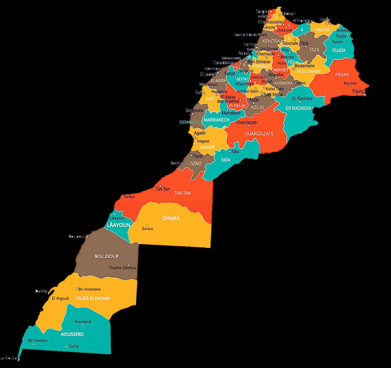 Map of Morocco showing regions and cities