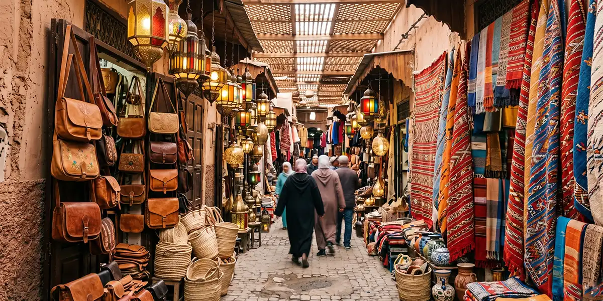 Narrow souk alleyway in the Marrakesh medina lined with lanterns and traditional Moroccan crafts