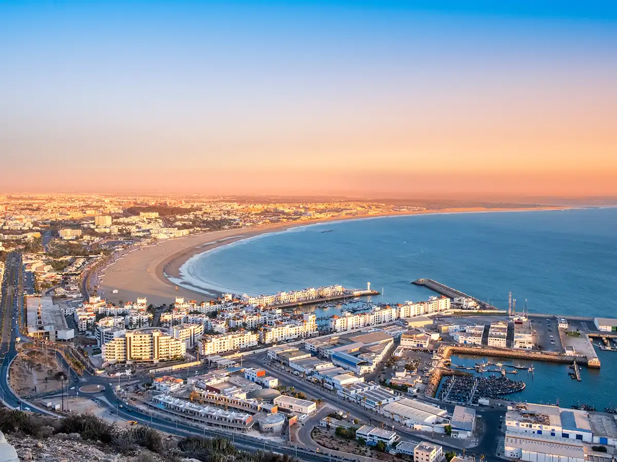 Agadir beach with Oufella mountain Morocco Atlantic coastline