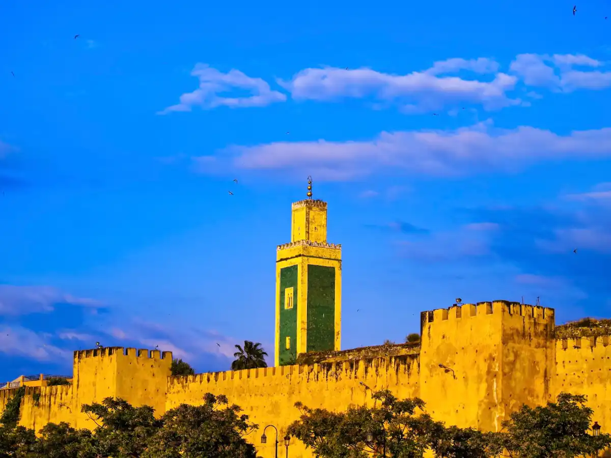 Meknes medina walls and mosque minaret Morocco historic city view