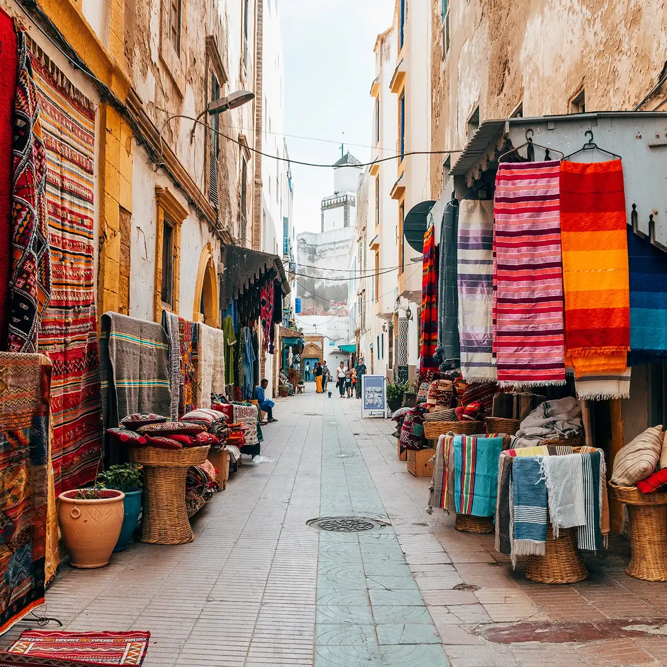 Traditional narrow streets of the souks in Essaouira, Morocco