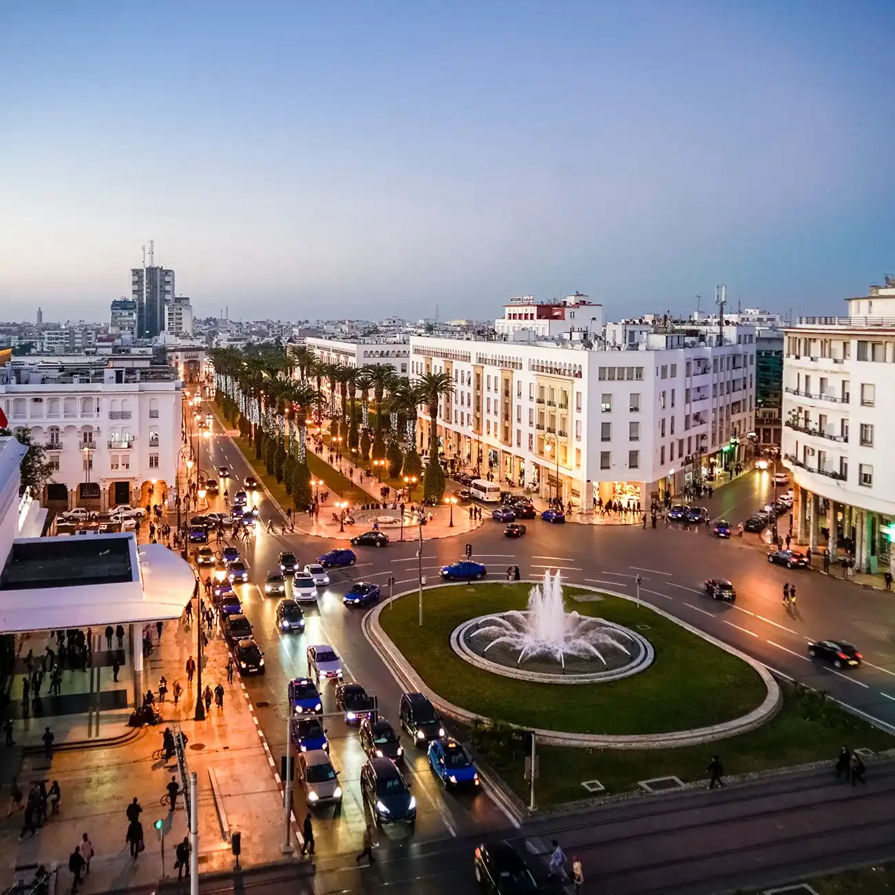Night view of Rabat city center with illuminated buildings and streets
