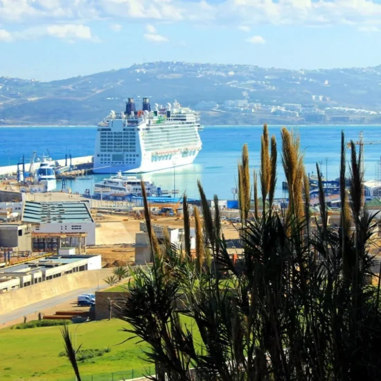 Tangier City with white buildings overlooking the Strait of Gibraltar