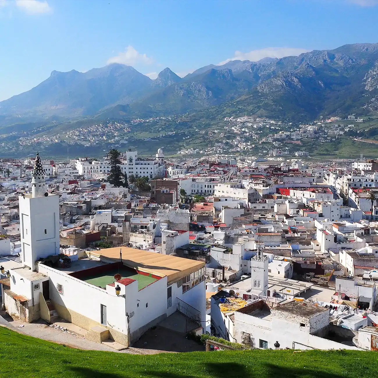 Traditional Tetouan Medina with mountains and natural scenery in Morocco
